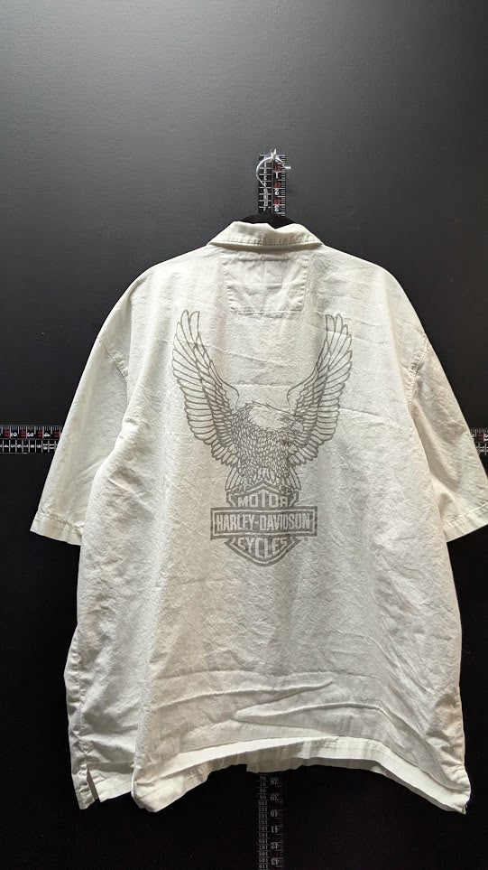 Harley-Davidson Men's Eagle Button-Up Shirt 2XL White Short Sleeve Embroidered Graphic