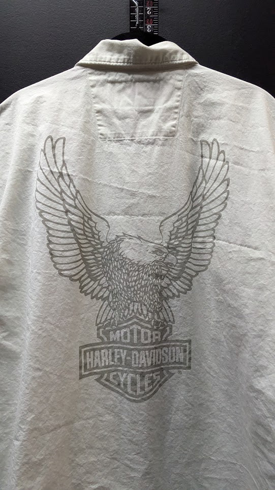 Harley-Davidson Men's Eagle Button-Up Shirt 2XL White Short Sleeve Embroidered Graphic
