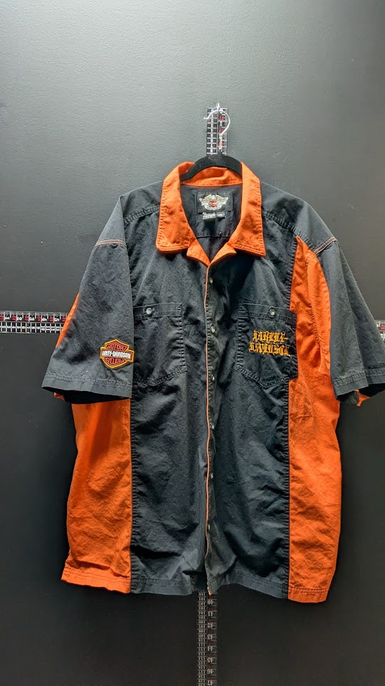 Harley-Davidson Men's Flame Graphic Button-Up Work Shirt Black Orange 2XL