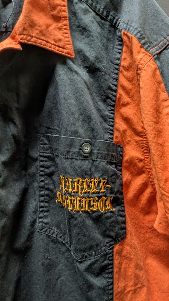 Harley-Davidson Men's Flame Graphic Button-Up Work Shirt Black Orange 2XL