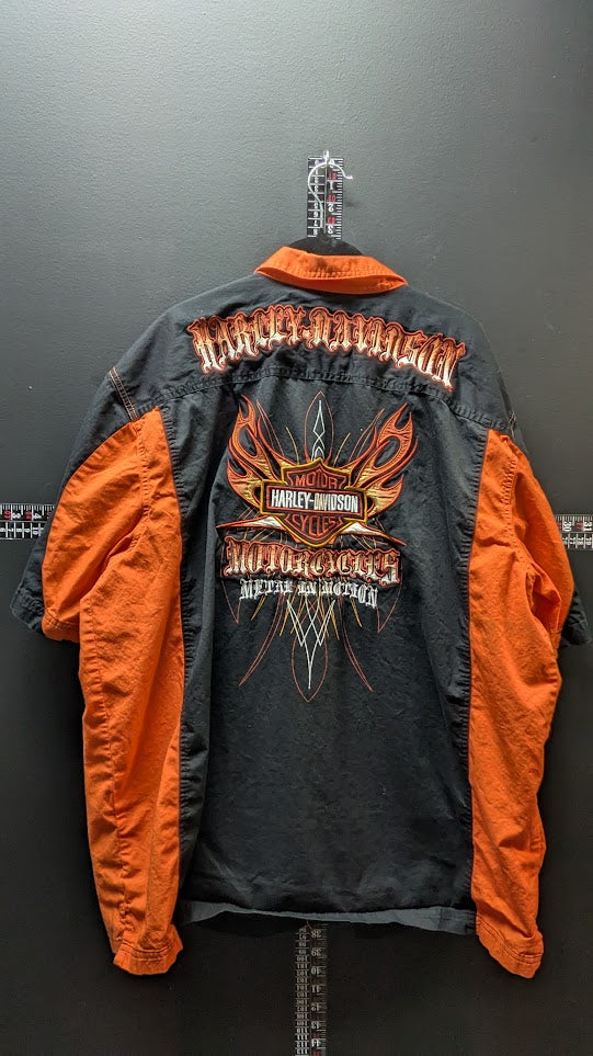 Harley-Davidson Men's Flame Graphic Button-Up Work Shirt Black Orange 2XL