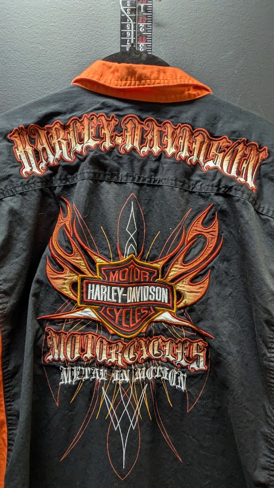 Harley-Davidson Men's Flame Graphic Button-Up Work Shirt Black Orange 2XL