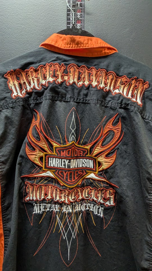 Harley-Davidson Men's Flame Graphic Button-Up Work Shirt Black Orange 2XL