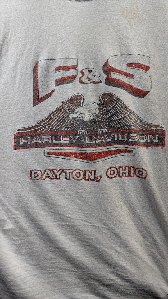 Vintage RK Stratman Harley-Davidson F&S Dayton Ohio Pocket T-Shirt Single Stitch White Men's XL