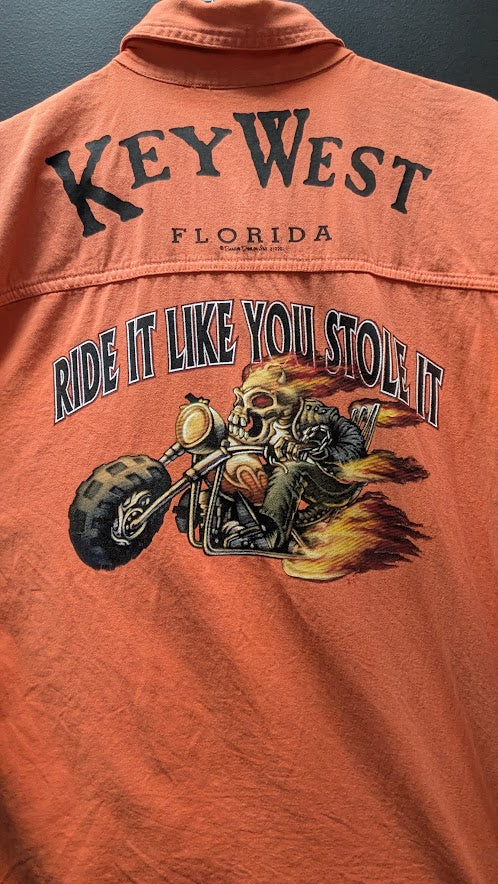 Key West Florida "Ride It Like You Stole It" Sleeveless Biker Button-Up Shirt – Men's Medium