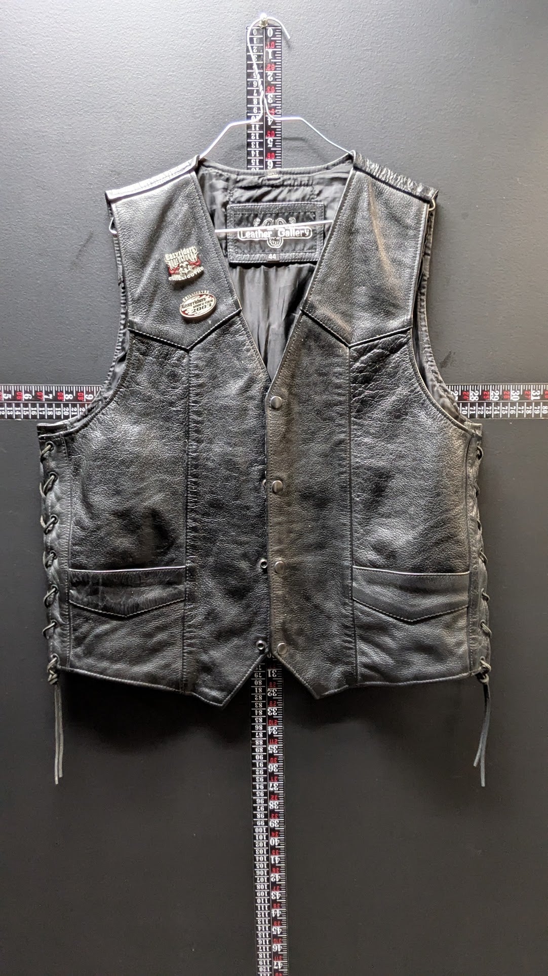 Leather Gallery Black Leather Motorcycle Vest – Size 44 – Lace Side – Patched Biker Vest