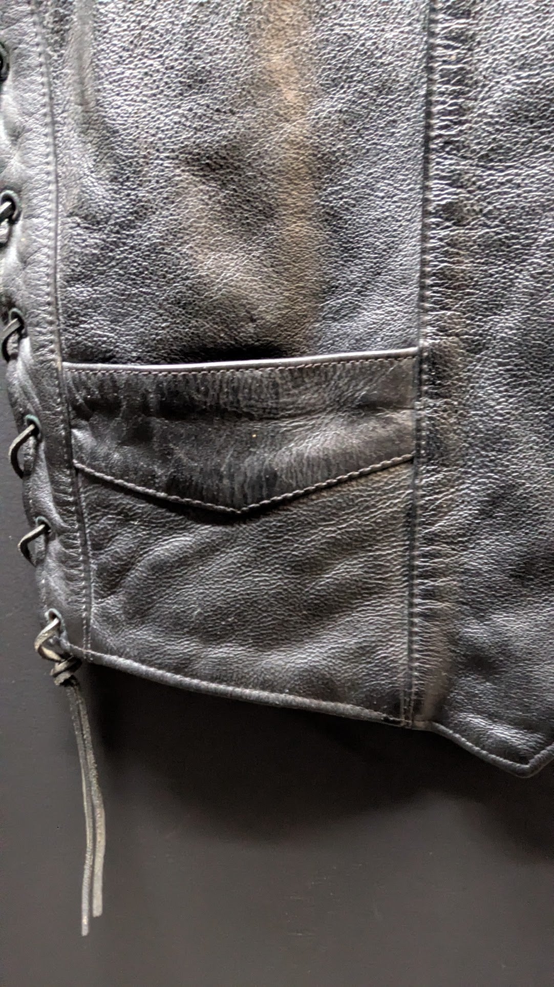 Leather Gallery Black Leather Motorcycle Vest – Size 44 – Lace Side – Patched Biker Vest