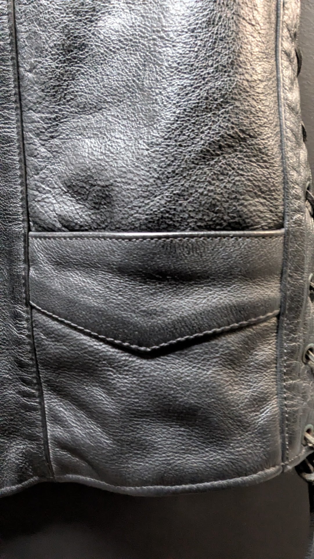 Leather Gallery Black Leather Motorcycle Vest – Size 44 – Lace Side – Patched Biker Vest