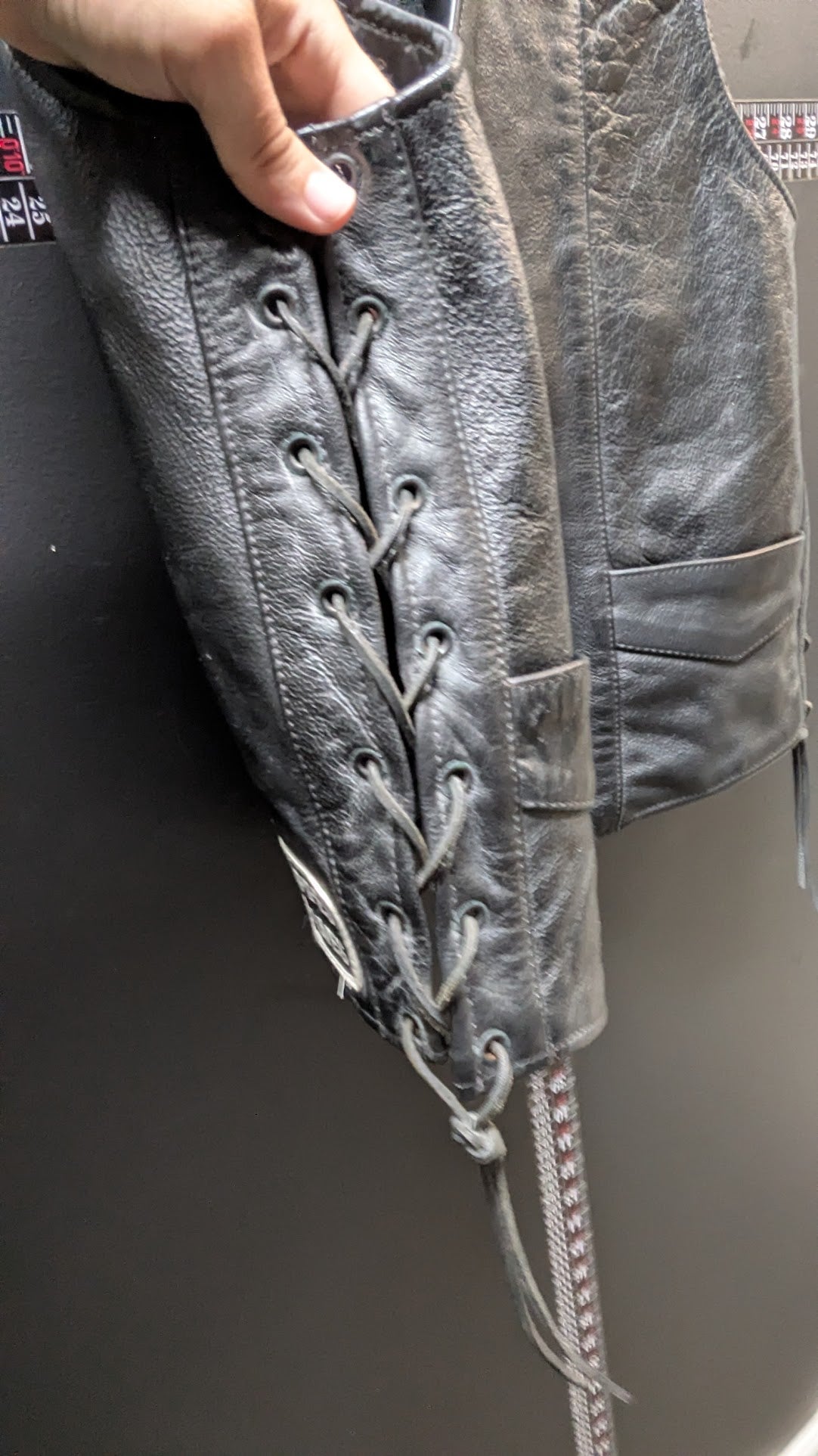 Leather Gallery Black Leather Motorcycle Vest – Size 44 – Lace Side – Patched Biker Vest