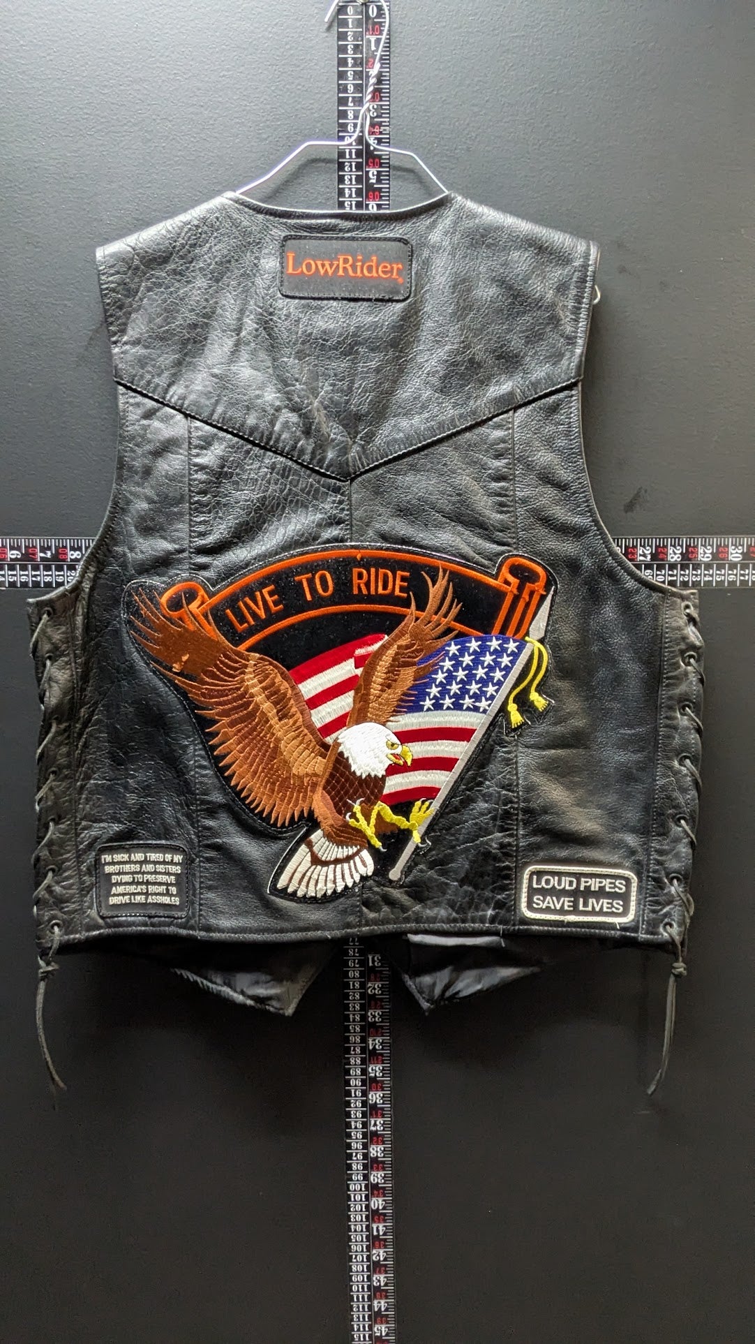 Leather Gallery Black Leather Motorcycle Vest – Size 44 – Lace Side – Patched Biker Vest