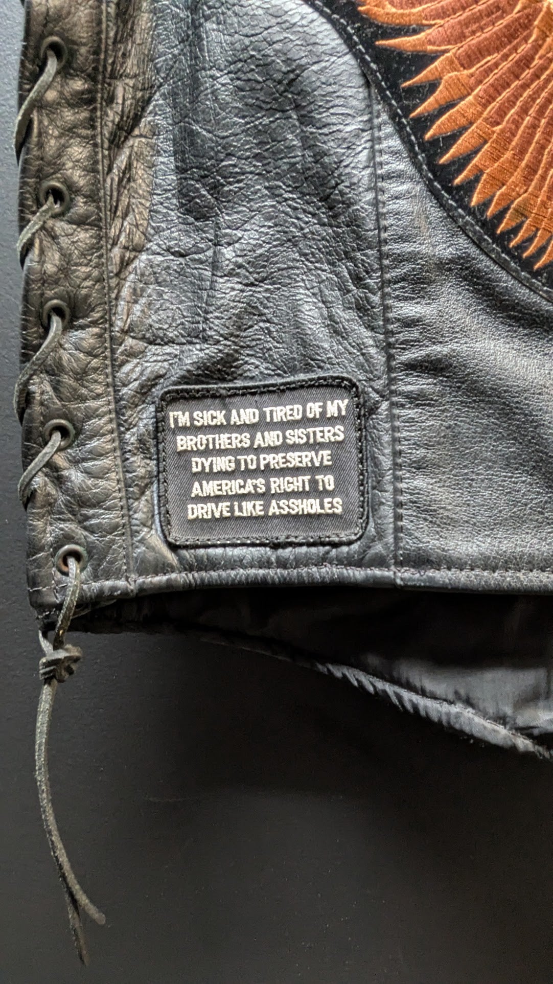 Leather Gallery Black Leather Motorcycle Vest – Size 44 – Lace Side – Patched Biker Vest