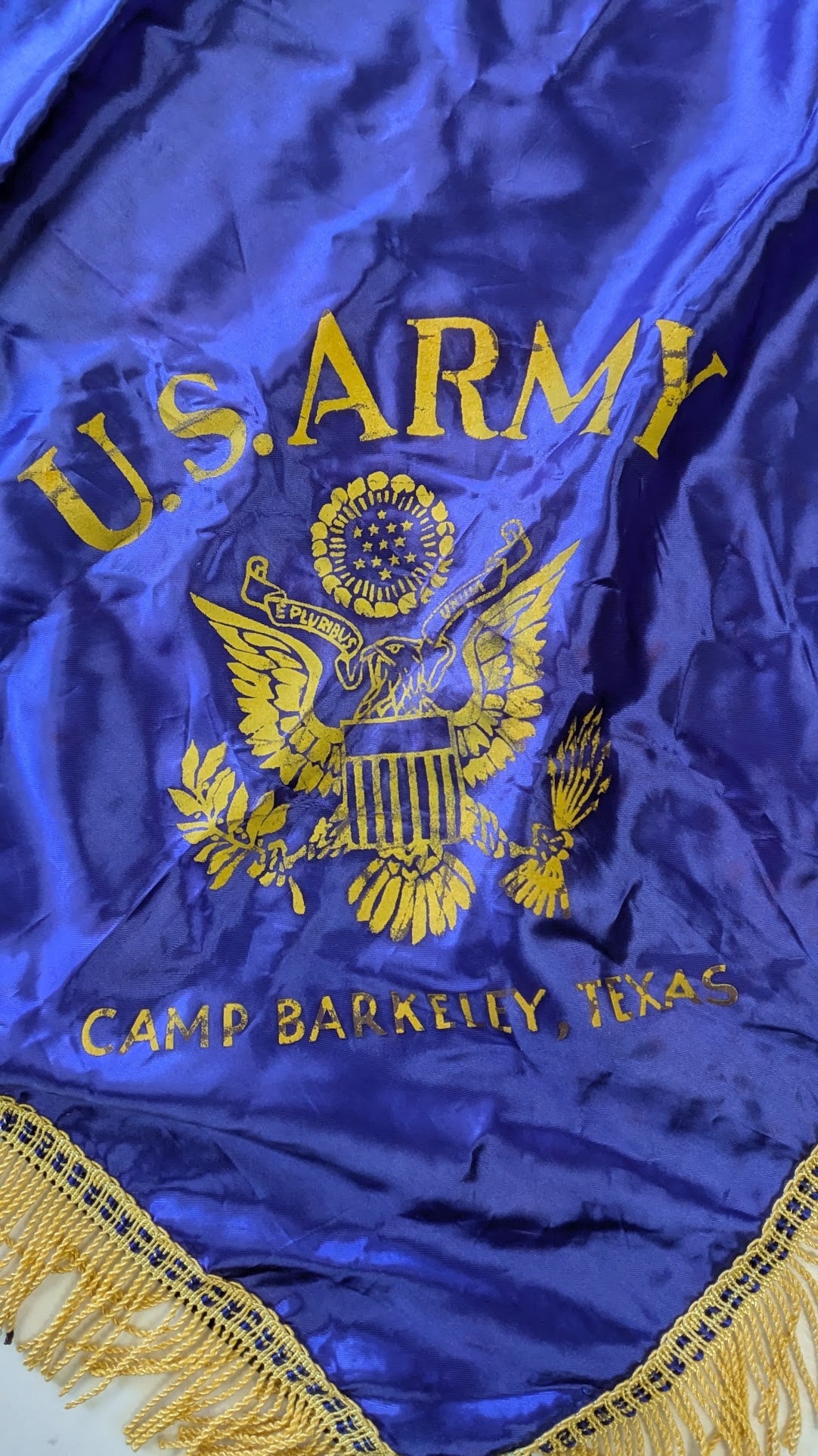 Vintage U.S. Army Camp Barkeley, Texas Ceremonial Satin Banner with Gold Fringe