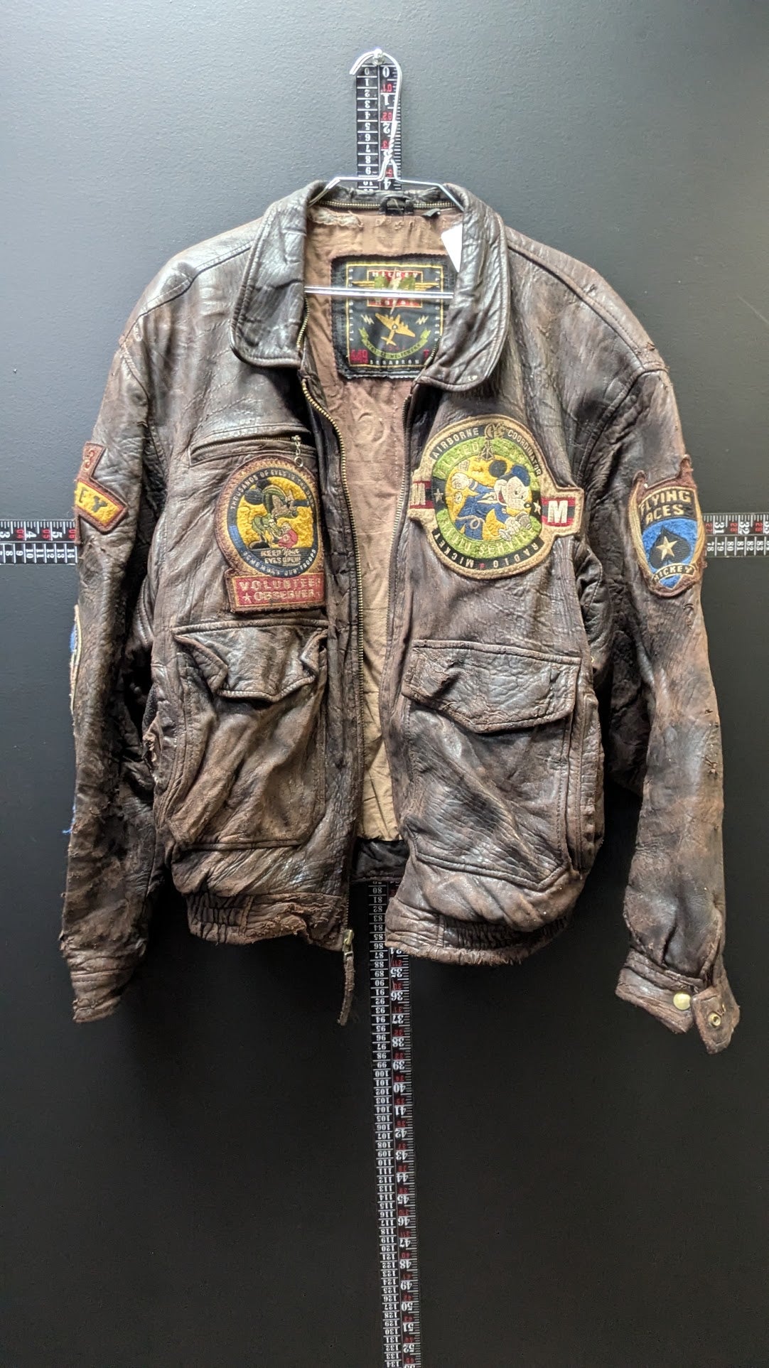 RARE VINTAGE 1994 DISNEY MICKEY MOUSE 449th FLYING ACES LEATHER JACKET - SIZE LARGE - THRASHED / AS-IS