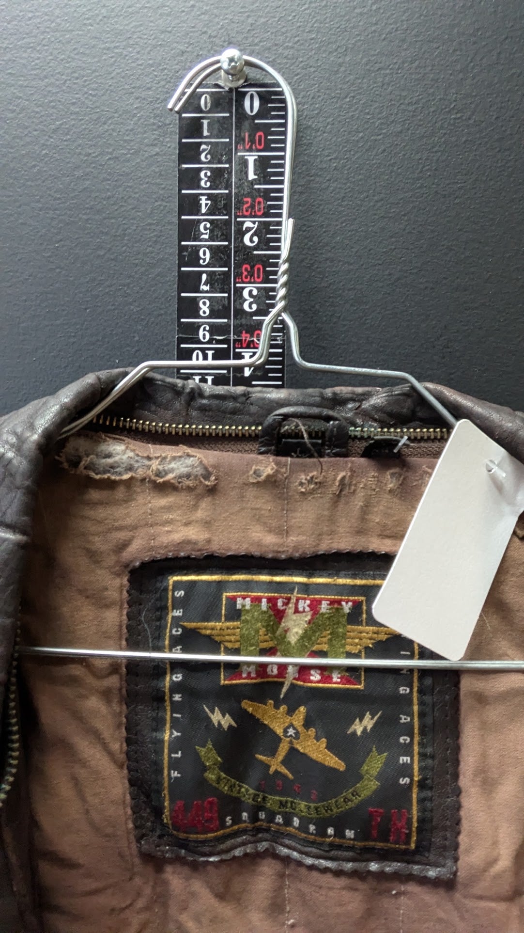 RARE VINTAGE 1994 DISNEY MICKEY MOUSE 449th FLYING ACES LEATHER JACKET - SIZE LARGE - THRASHED / AS-IS