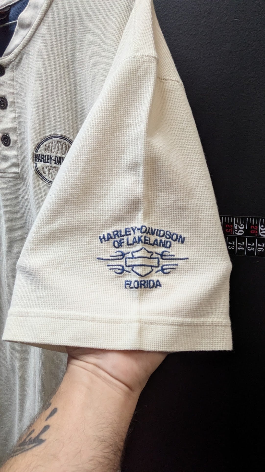 Harley Davidson Lakeland Florida Waffle Knit Henley Shirt Cream Short Sleeve Mens