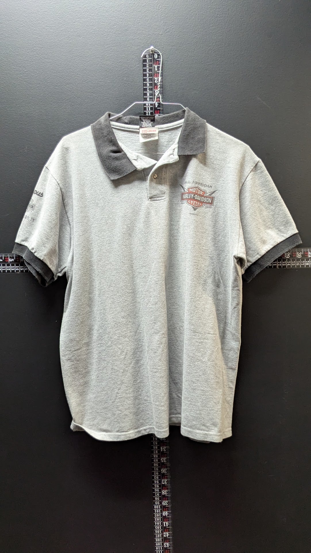2000 Harley-Davidson Mens Medium Gray Polo Shirt Black Collar Made in USA Bumpus