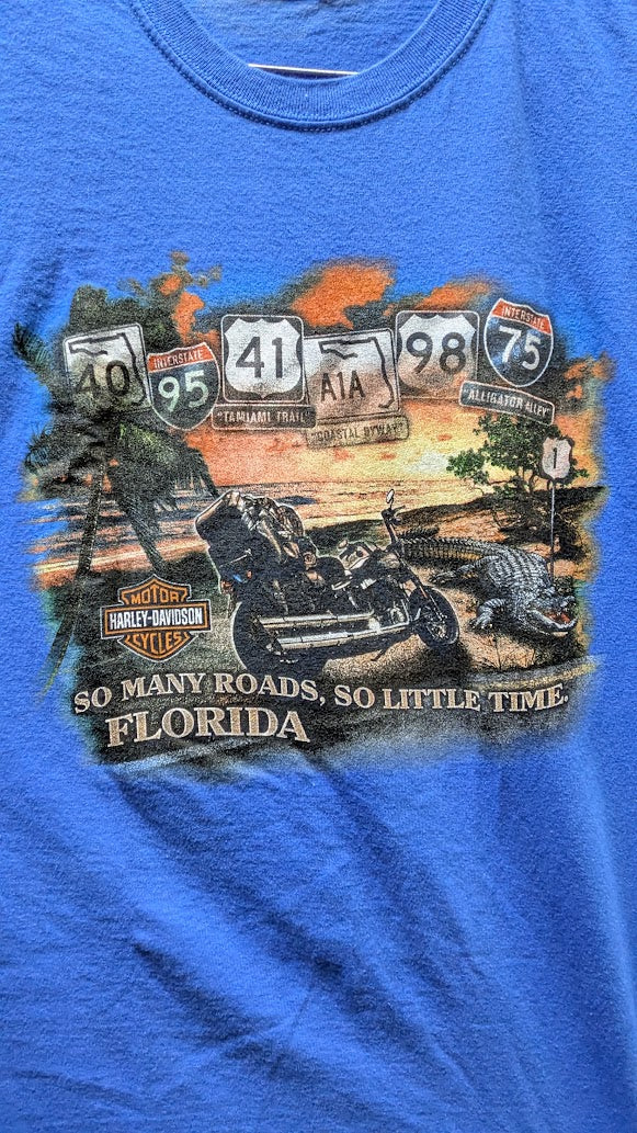 Harley-Davidson Sunrise Florida Blue T-Shirt Gators Go Many Roads Same Time Mens XL