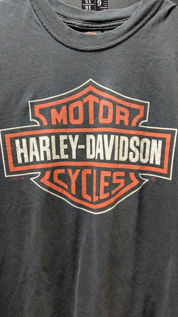 A close-up of a dark gray Harley-Davidson t-shirt featuring the classic orange and white logo on the chest.