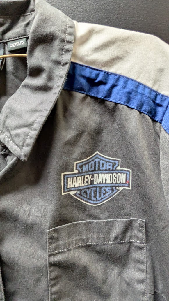 Harley-Davidson Genuine Motorclothes Gray Blue Button Front Shirt Short Sleeve