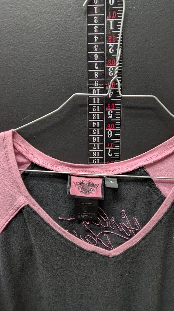 Harley-Davidson Women's Pink & Black Raglan V-Neck T-Shirt XL