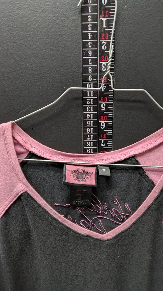 Harley-Davidson Women's Pink & Black Raglan V-Neck T-Shirt XL