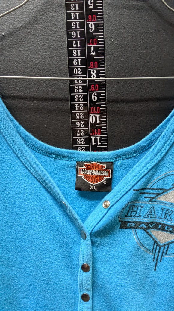 Harley-Davidson Roeder Monroeville Ohio Blue Snap Front Tank Top Women’s XL