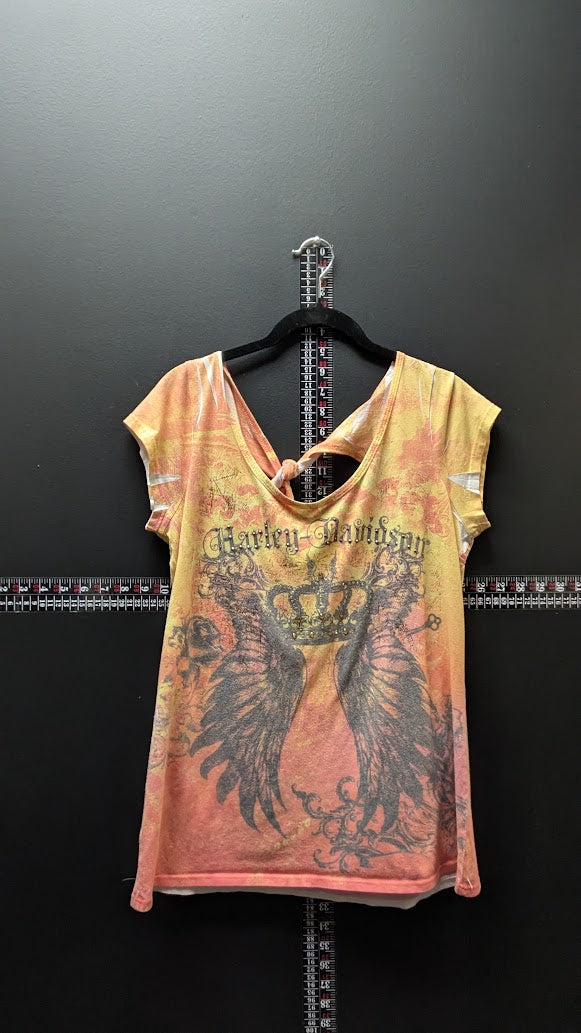 Harley-Davidson Women’s XXL Peach Pink Angel Wings Graphic Tie Front Top