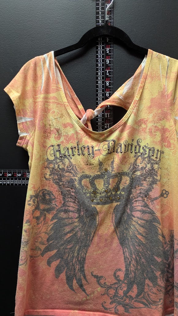 Harley-Davidson Women’s XXL Peach Pink Angel Wings Graphic Tie Front Top