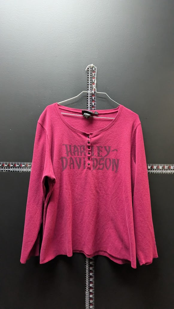 Harley-Davidson Women's 2XL Pink Waffle Knit Long Sleeve Henley Shirt