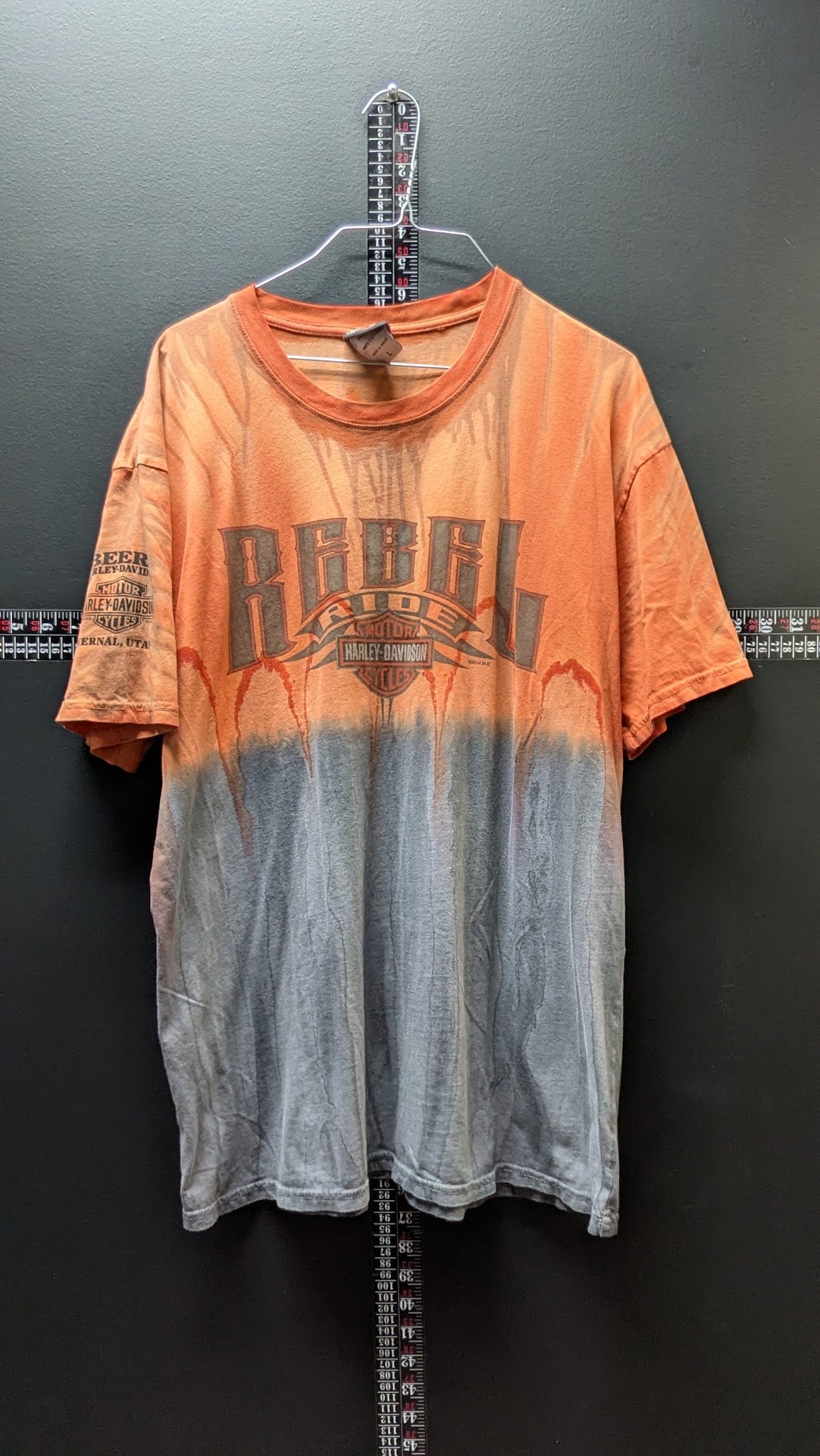 Harley-Davidson Rebel Ride T-Shirt Men’s Large Beers Vernal Utah Orange Gray