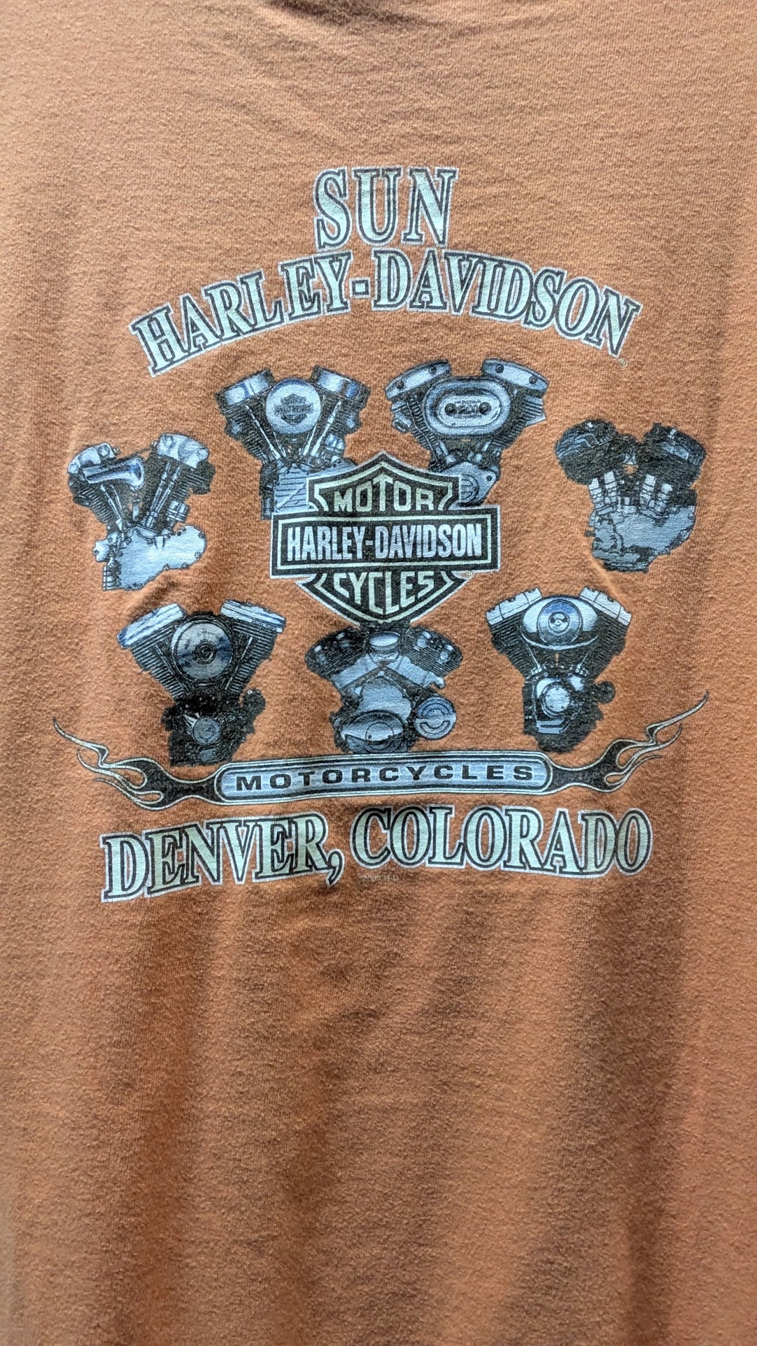Harley-Davidson T-Shirt Men’s Orange Sun Denver Colorado Engine Graphic