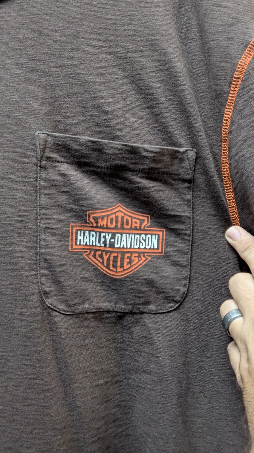 Harley-Davidson Men’s Large Brown Eagle Pocket T Shirt Orange Stitch Biker
