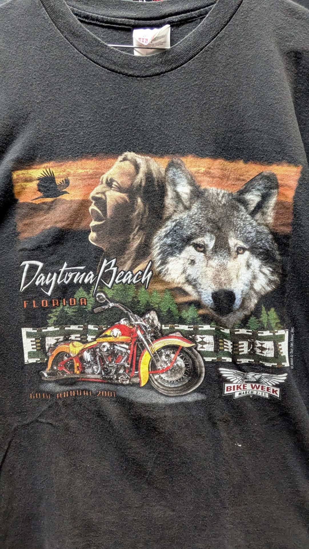 Vintage 2001 Daytona Bike Week T-Shirt Wolf Native American Motorcycle Black XL