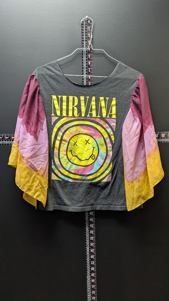 Nirvana Upcycled T-Shirt Women’s XS Handmade Bell Sleeve Reworked Grunge Ohio