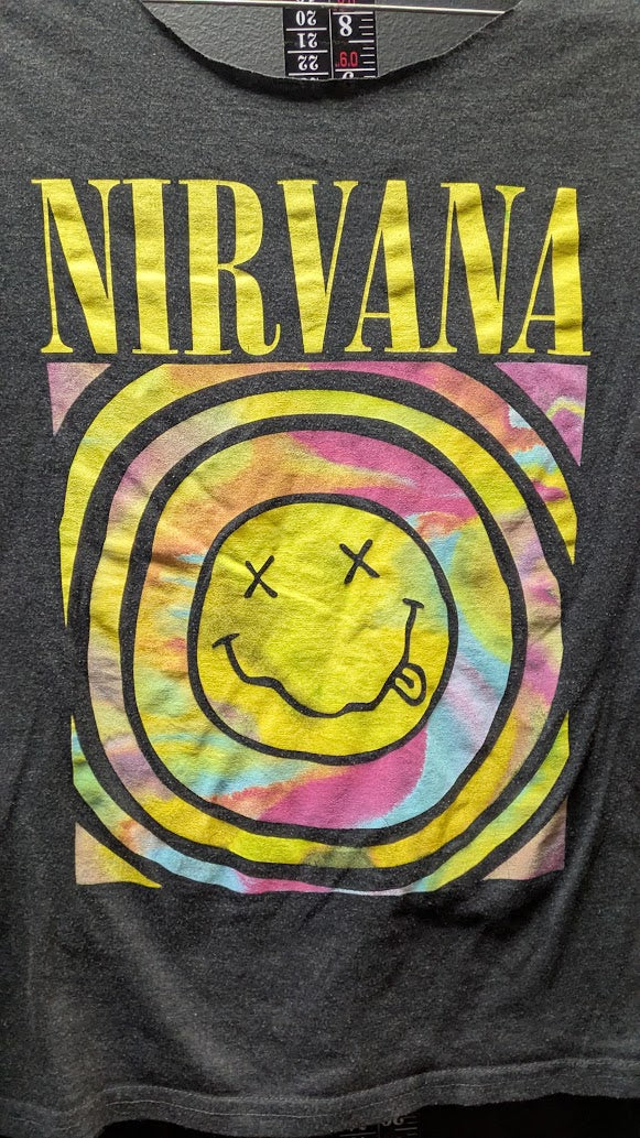 Nirvana Upcycled T-Shirt Women’s XS Handmade Bell Sleeve Reworked Grunge Ohio