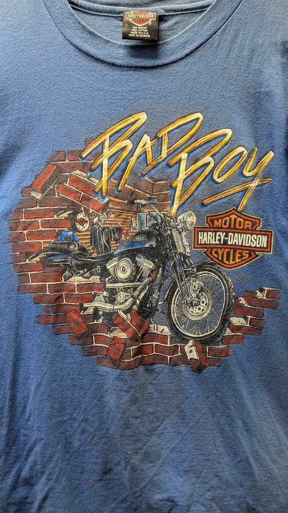 Vintage 1995 Harley-Davidson Bad Boy T-Shirt XL Reno Nevada Blue USA Made