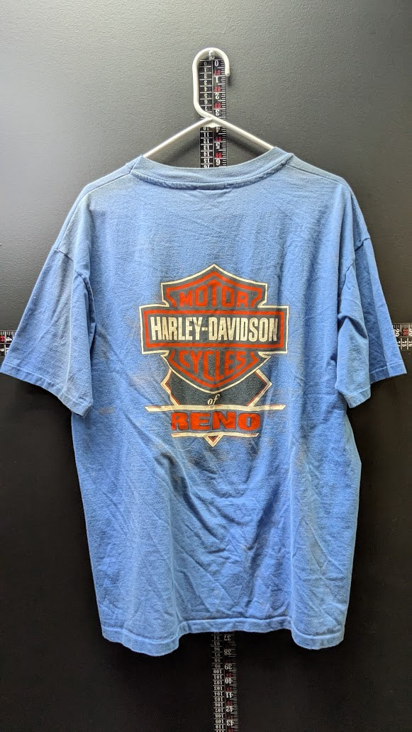 Vintage 1995 Harley-Davidson Bad Boy T-Shirt XL Reno Nevada Blue USA Made