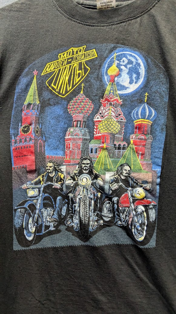 Vintage Harley-Davidson Moscow Russia T-Shirt XL 90s Kremlin Biker Black Rare