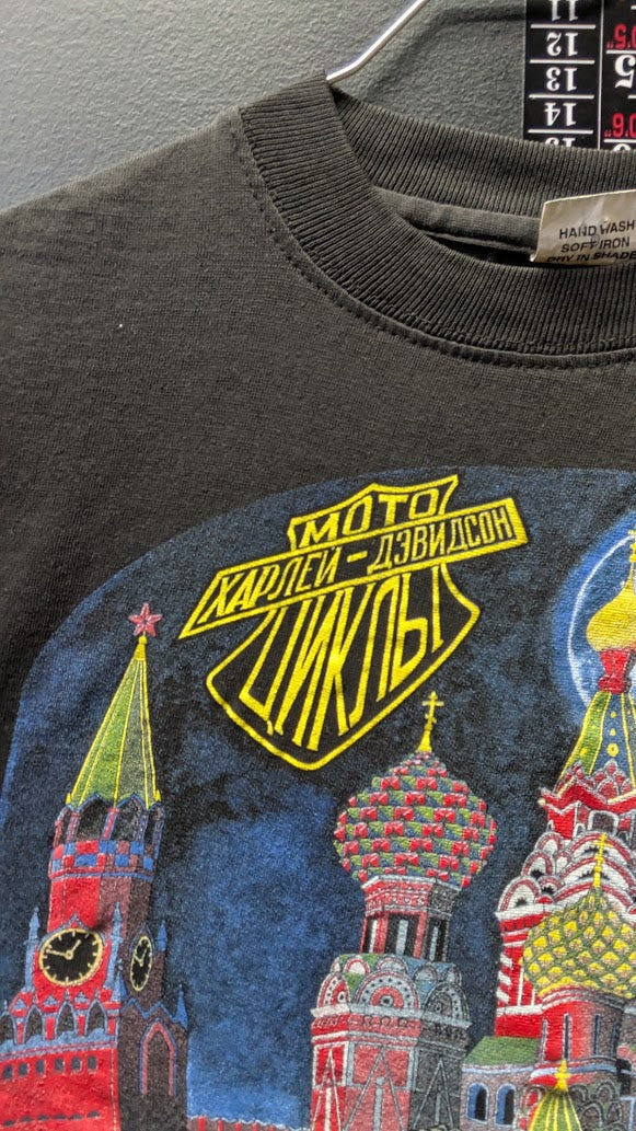 Vintage Harley-Davidson Moscow Russia T-Shirt XL 90s Kremlin Biker Black Rare