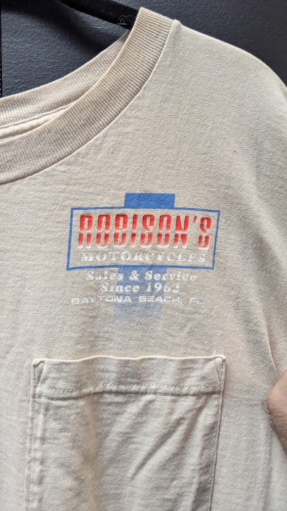 Vintage 1990s Robinson’s Motorcycles Daytona Beach Florida T-Shirt XL Eagle Pocket Tee