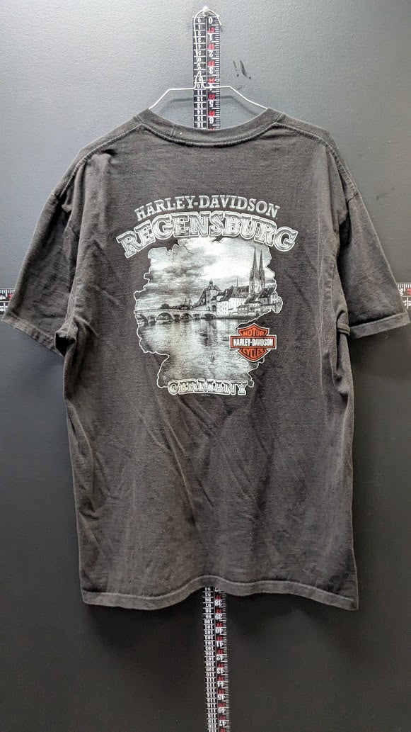 Harley-Davidson Regensburg Germany T-Shirt XL Black Faded Bar & Shield Vintage