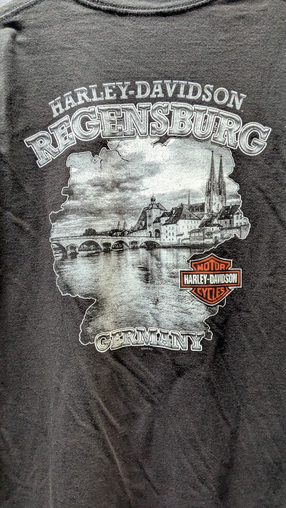 Harley-Davidson Regensburg Germany T-Shirt XL Black Faded Bar & Shield Vintage
