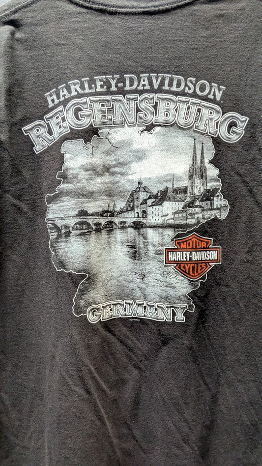 Harley-Davidson Regensburg Germany T-Shirt XL Black Faded Bar & Shield Vintage