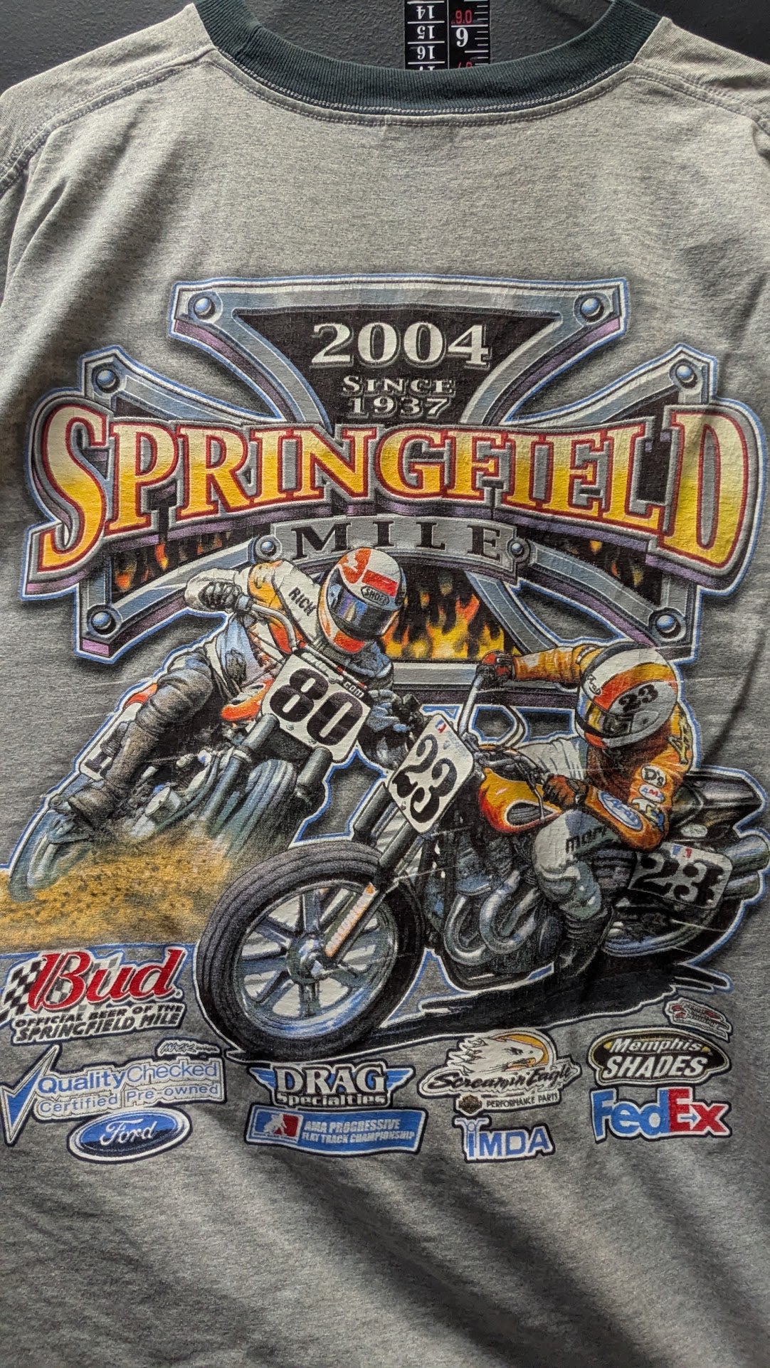 2004 Springfield Mile AMA Flat Track Racing T-Shirt XL Gray Ringer Double Sided