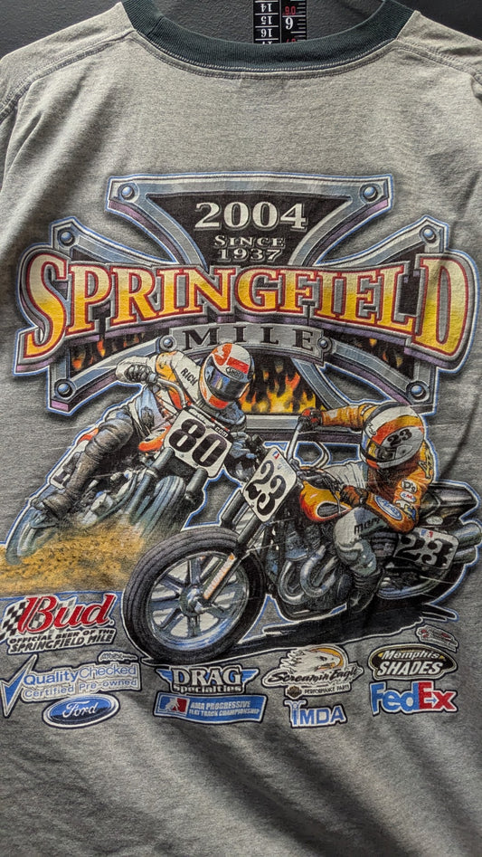 2004 Springfield Mile AMA Flat Track Racing T-Shirt XL Gray Ringer Double Sided