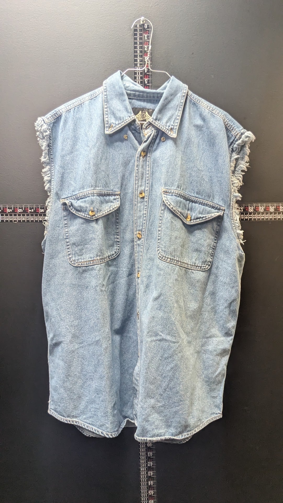 Vintage Biker Design Denim Sleeveless Shirt Men’s Large Skull Graphic Frayed USA
