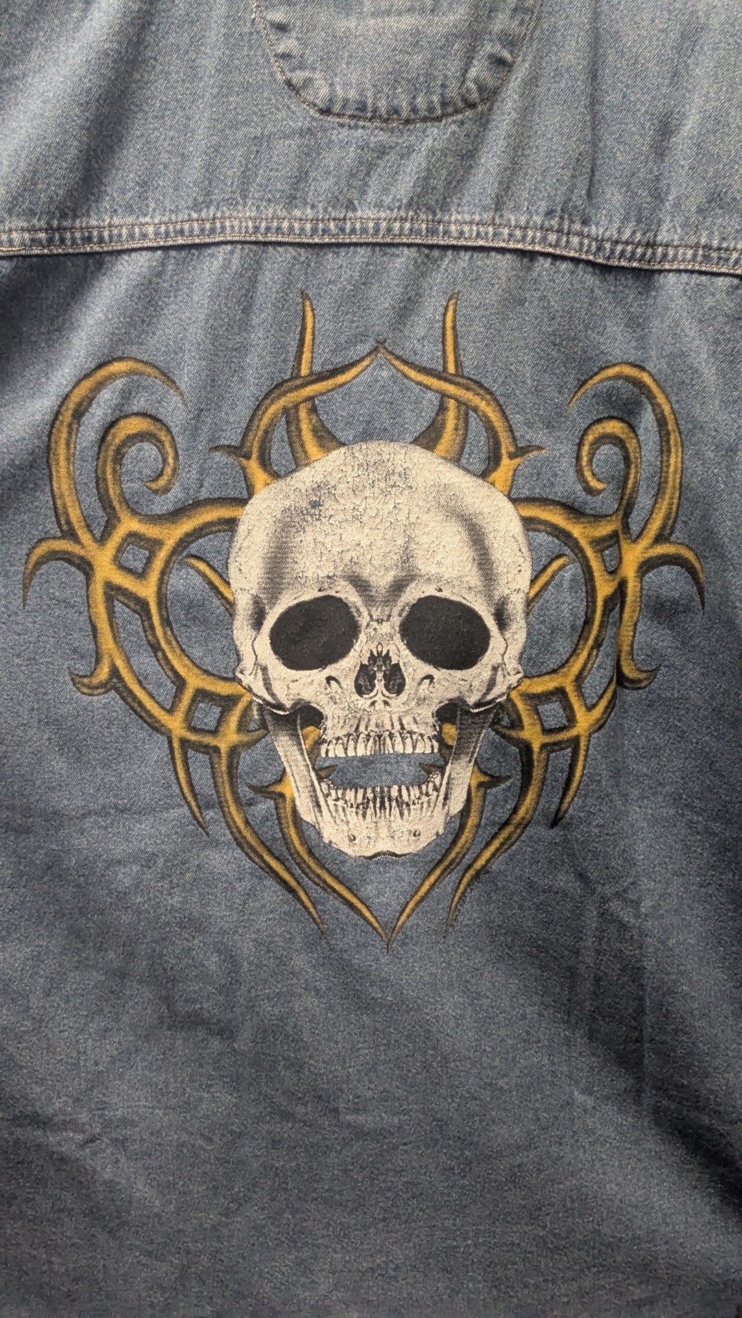 Vintage Biker Design Denim Sleeveless Shirt Men’s Large Skull Graphic Frayed USA