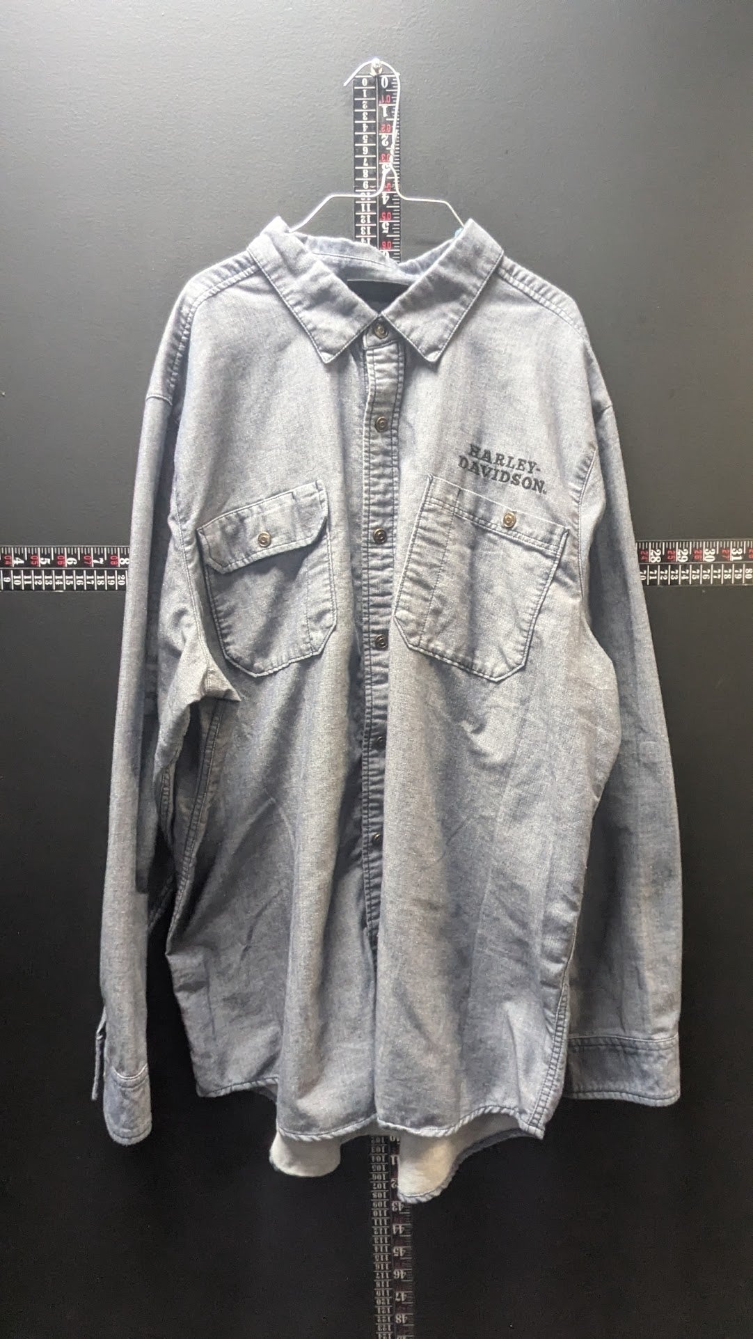 Harley-Davidson Men’s 2XL Gray Denim Look Long Sleeve Button Up Shirt Embroidered