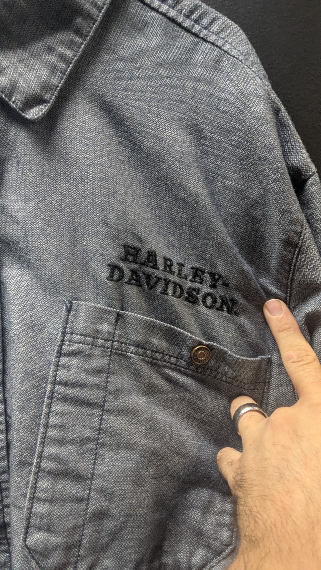 Harley-Davidson Men’s 2XL Gray Denim Look Long Sleeve Button Up Shirt Embroidered