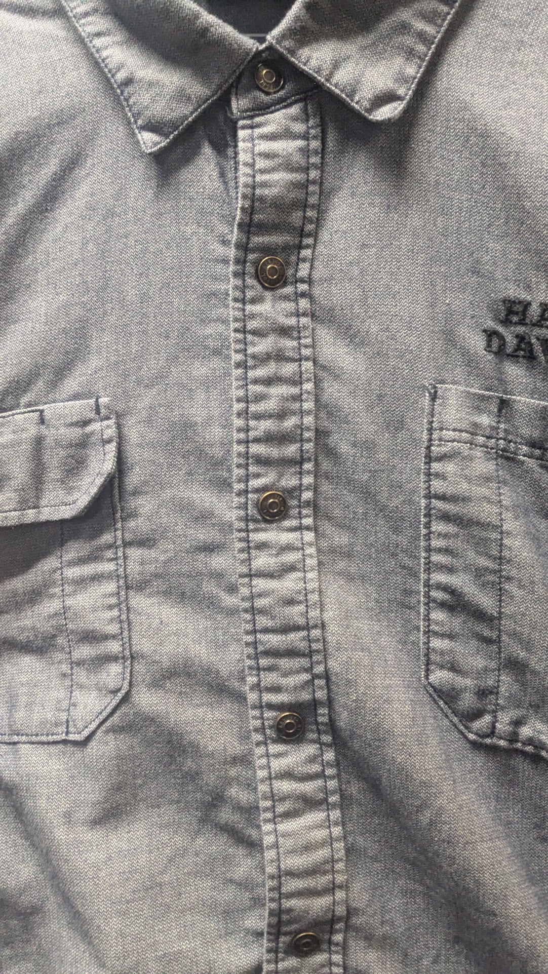Harley-Davidson Men’s 2XL Gray Denim Look Long Sleeve Button Up Shirt Embroidered